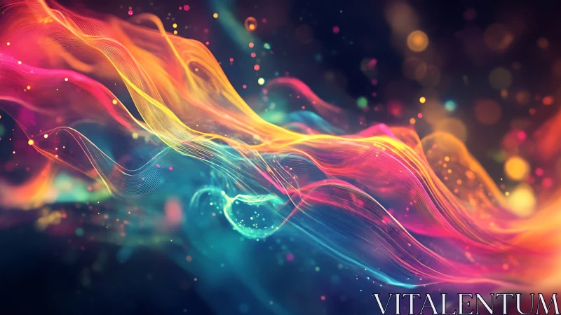 Colorful flowing light waves over dark abstract background.