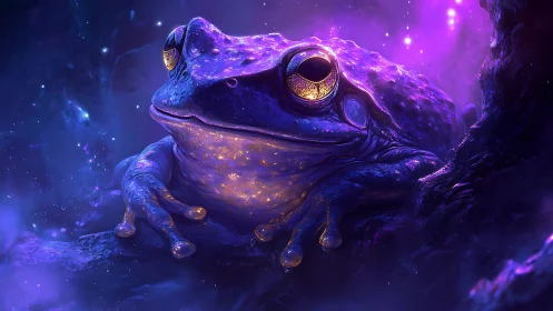 Starborn cosmic frog dreaming under ultraviolet nebula glow.