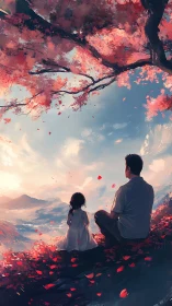 Father and child under red blossoms overlooking valley.