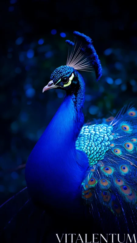Vivid blue peacock portrait under dramatic low light.