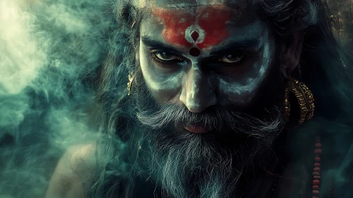 Mystic shaman portrait with smoke and ritual markings.