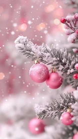 Snow-kissed pink baubles whisper softly through winter hush