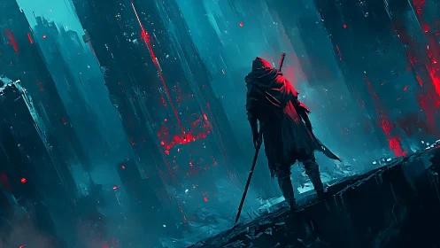 Lone wanderer in neon ruins between dusk and dreaming.