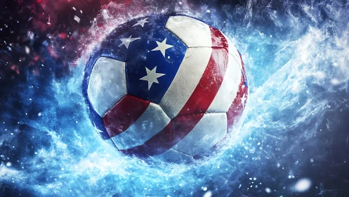 Dynamic US-flag soccer ball rendered in high-energy motion field
