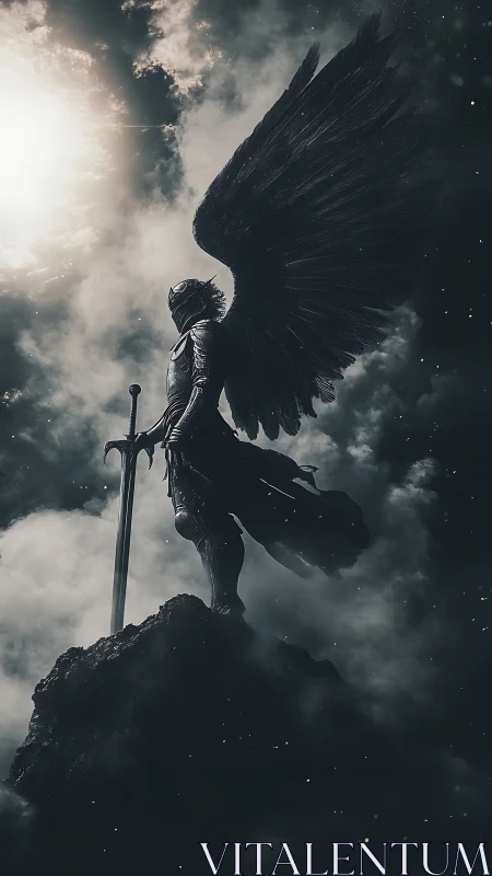 Dark winged guardian stands vigilant above stormlit clouds