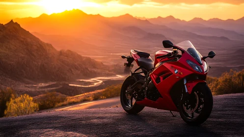 Red sport motorcycle stands on mountain road at sunset