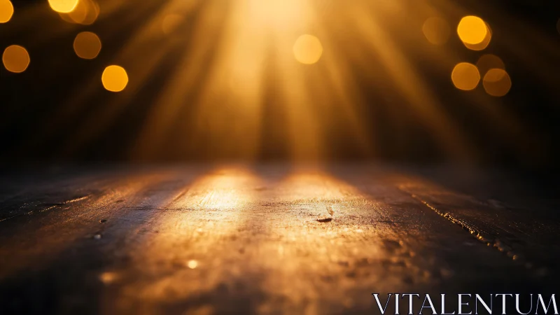 Golden sunbeams pour onto rustic wooden surface in glow.