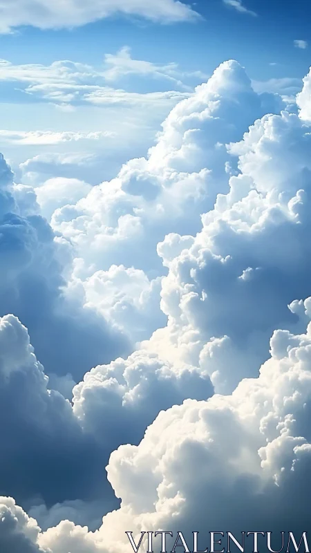 Towering sunlit cumulus clouds in deep blue sky panorama.