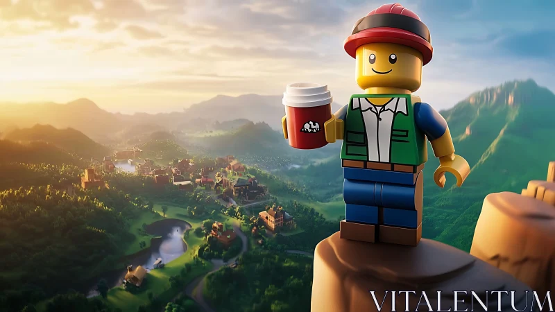 Lego figure stands on cliff edge above stylized valley town