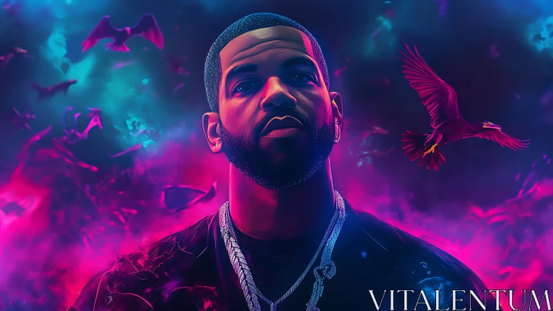 Neon-lit portrait with spectral birds in chromatic vapor field.