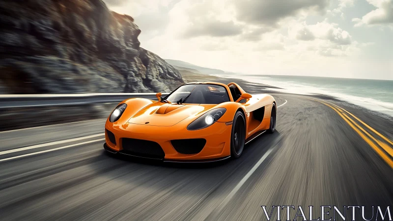 Orange sports car racing along coastal highway at speed.