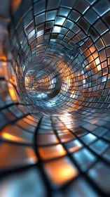 Curved metallic tile tunnel forms reflective illuminated vortex