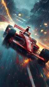 Storm-slashed red racer knifes through neon-soaked streetstorm.