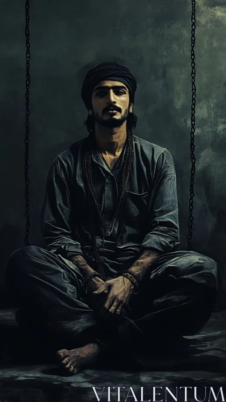 Chain-shadowed mystic resting in charcoal-toned quietude.