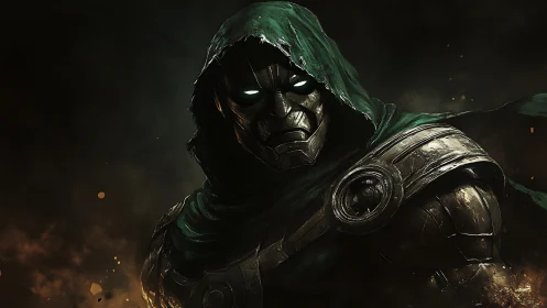 Hooded armored figure with metallic mask in dark setting.