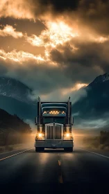Midnight semi truck powering through misty mountain pass.