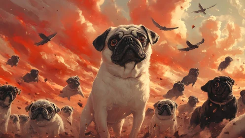 Heroic pug legion under cinematic fiery sunset skies.