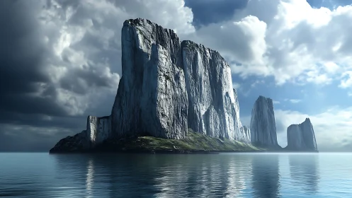 Towering columnar rock formations rising from calm turquoise ocean