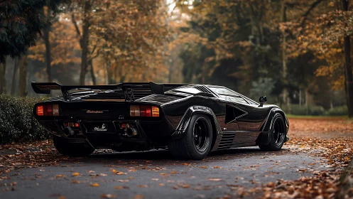 Rear-quarter profile of black Lamborghini Countach in autumn park.