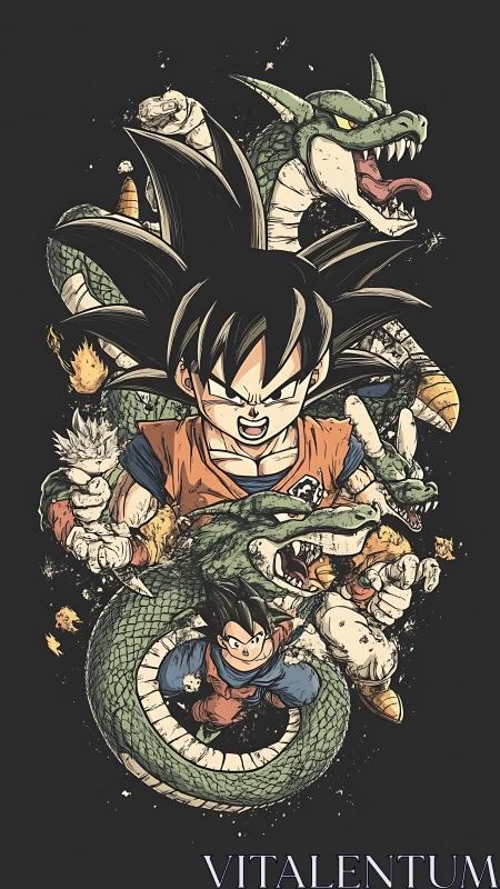 Dynamic shonen warrior collage with serpentine dragon forms