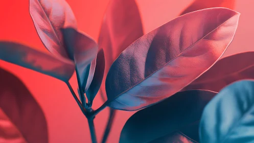 Close-up foliage with red and blue gradient lighting.