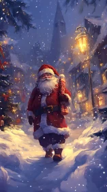 Snowlit Santa strides through a lantern-lit midnight village