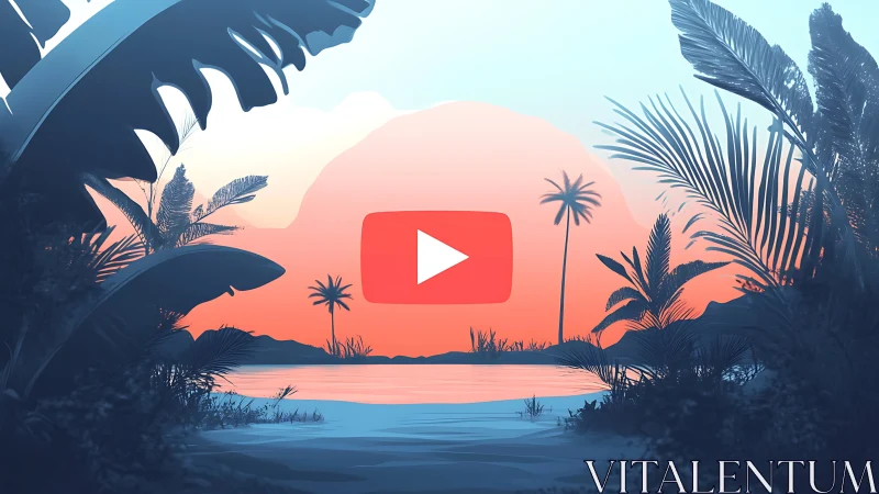 Tropical sunset lagoon with bold play button centerpiece.