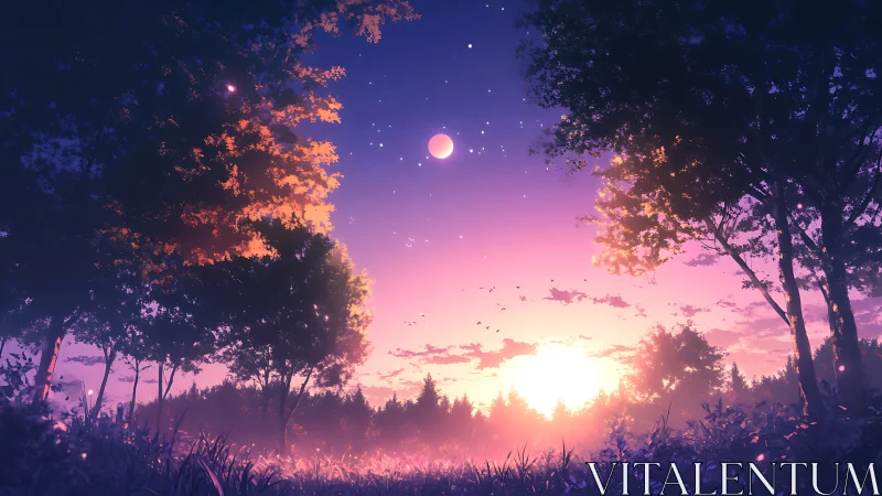 Digital forest landscape shows twilight sky with sun and moon