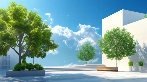 Modern urban plaza rendering with sculpted trees and sky.