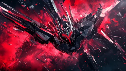 Shattered crimson mech raptor diving through nebular void.