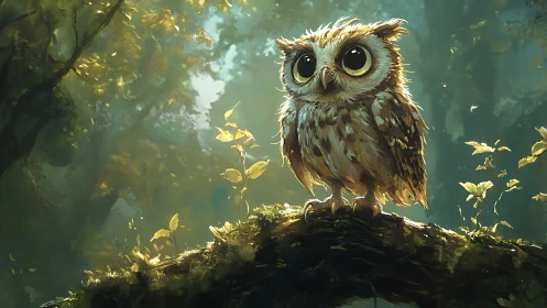 Whimsical baby owl on mossy branch in enchanting forest, digital art.
