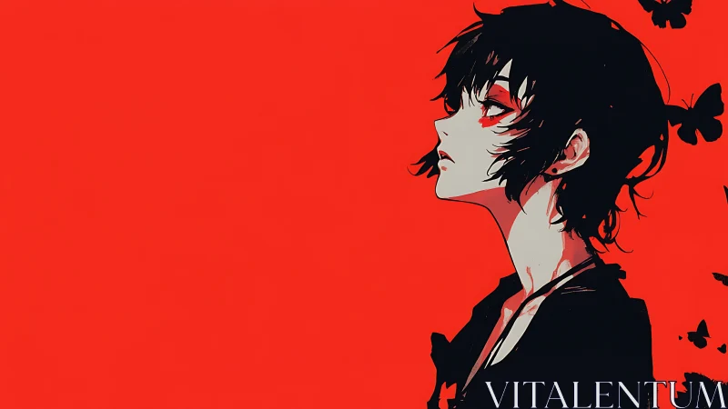 Pale anime girl gazes upward against stark red field