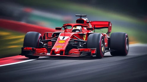 Red Formula racing car advances along blurred circuit track