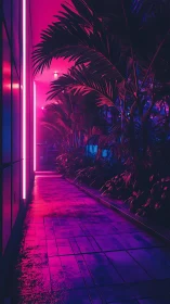 Neon walkway glows softly beside lush nighttime palm garden