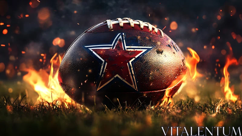 Close-up of burning American football with bold star logo.