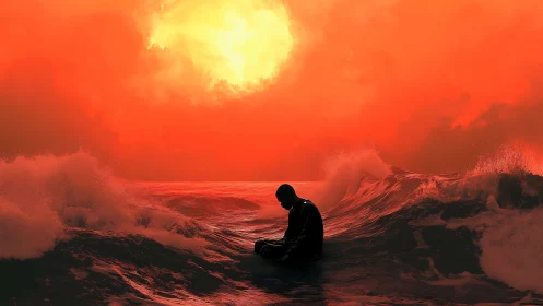 Solitary figure seated on dark ocean under fiery sky.