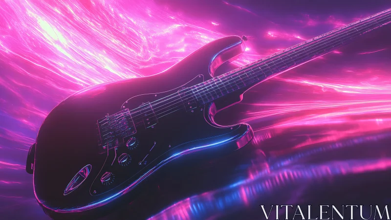 Electric guitar with neon pink and purple light trails.