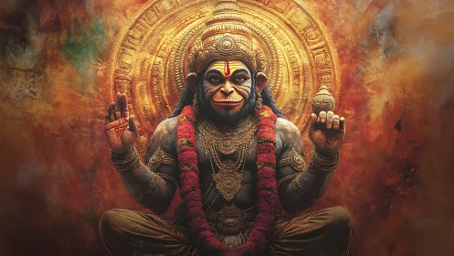 Radiant Hanuman deity sits in calm strength and golden light