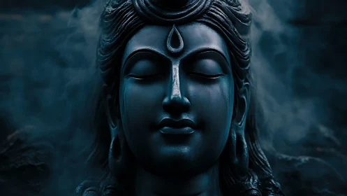 Shiva-like stone face rendered in dark blue cinematic lighting