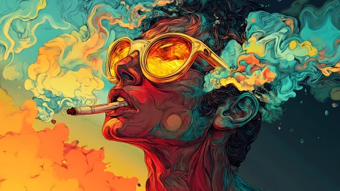 Electric daydreamer in glowing shades and swirling color clouds.