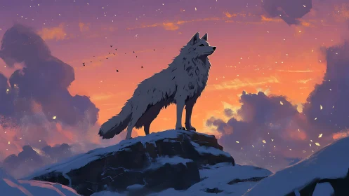 Twilight sentinel wolf crowned by ember-lit mountain sky.