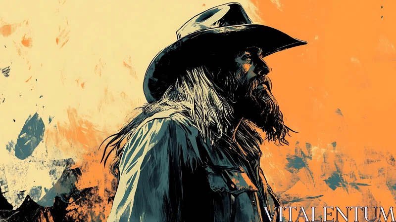 Bearded cowboy profile stands against bold orange backdrop