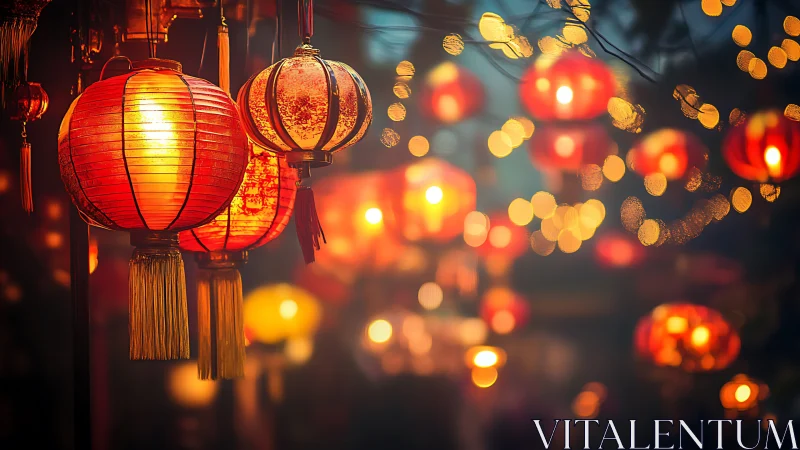 Low depth-of-field study of glowing red festival lanterns.