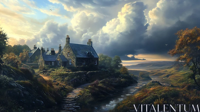 Cozy stone cottages beside a winding stream at dusk.