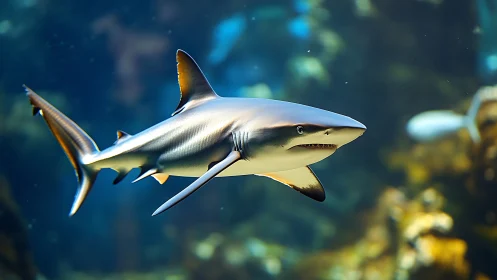 Sleek shark glides through blue reef water in sharp focus.