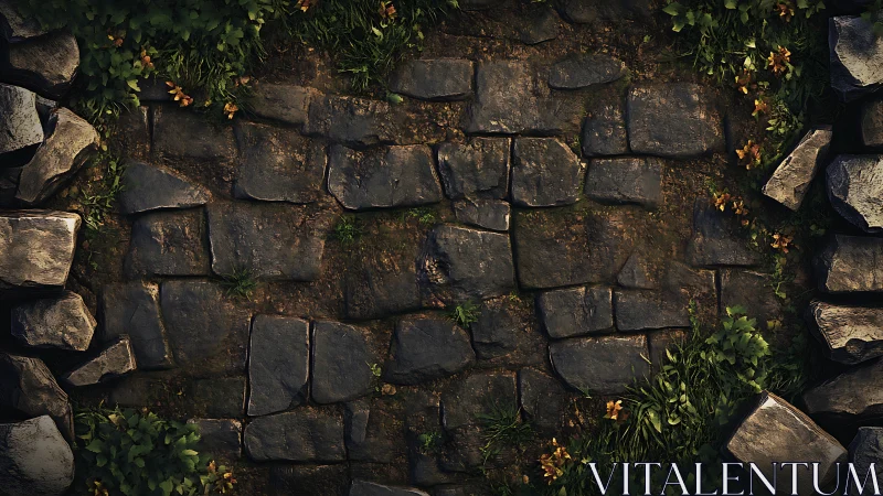 Worn stone pathway with grass and flowers around edges.