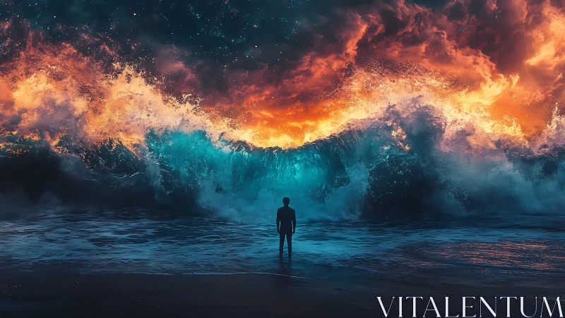 Lone dreamer facing a cosmic tidal firestorm of color.