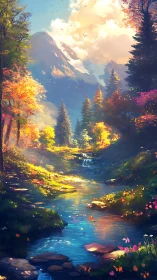 Sunlit mountain stream dreaming in painted autumn glow.