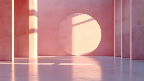 Minimalist pink atrium displays circular aperture with hard sunlight