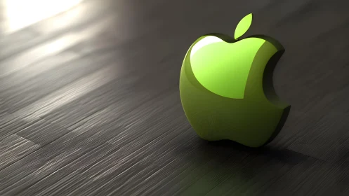Glossy Green Apple Logo on Dark Wooden Surface, 3D Rendered Style.